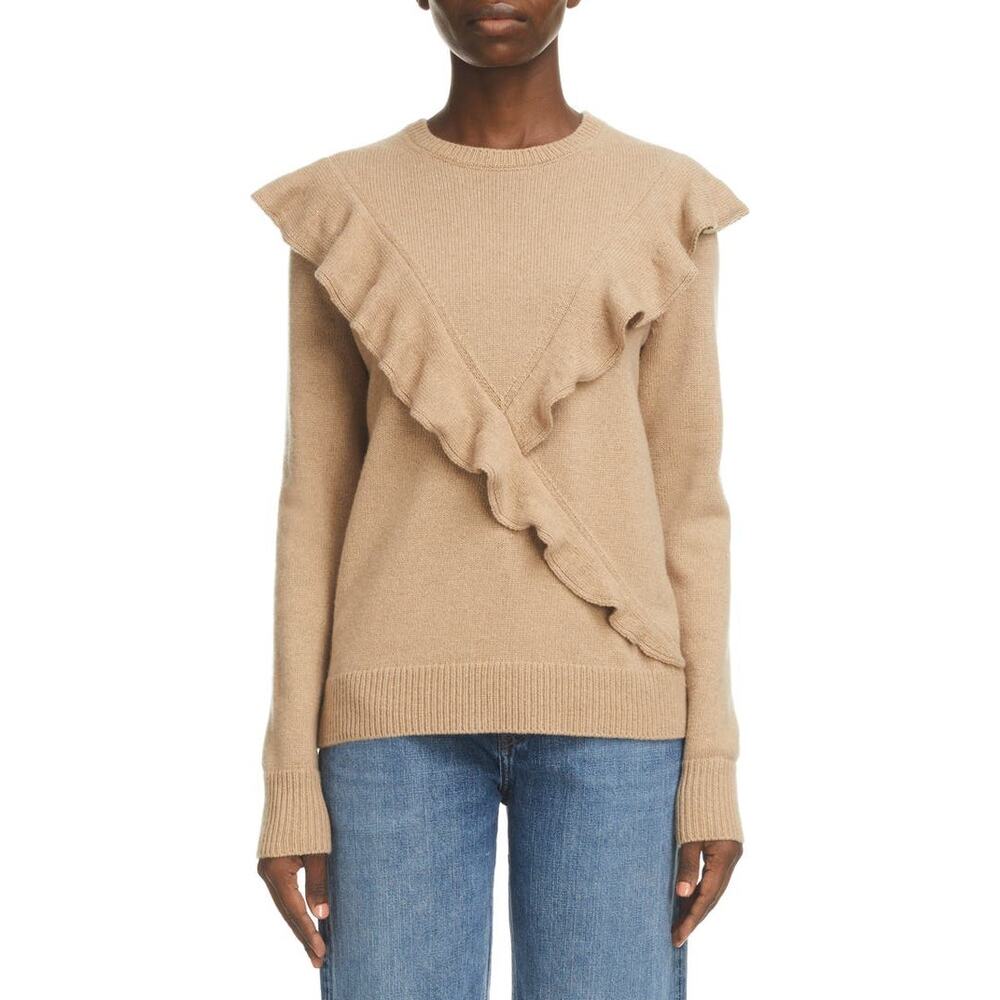 Chloe Ruffle Sash Cashmere Long Sleeve Crewneck Sweater in Pale Brown Size M‎